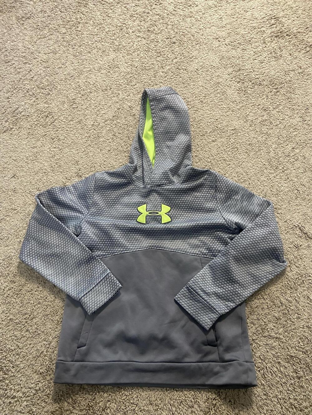 Under Armour Hoodie Youth Large 14-16 Gray Geometric Fleece Pullover Neon Logo